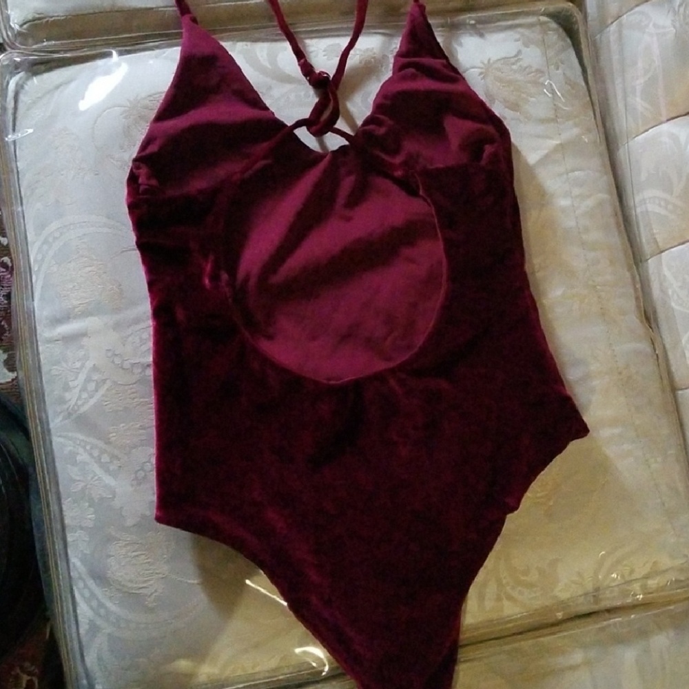 Red velvet type material feel bodysuit